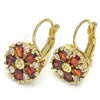 Oro Laminado Leverback Earring, Gold Filled Style Flower Design, with Garnet and White Cubic Zirconia, Polished, Golden Finish, 02.210.0227.2
