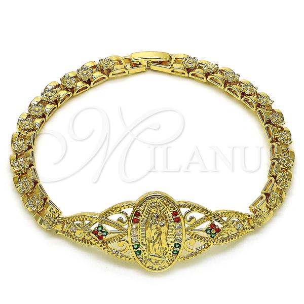 Oro Laminado Fancy Bracelet, Gold Filled Style Guadalupe and Heart Design, with Multicolor Cubic Zirconia, Polished, Golden Finish, 03.283.0407.1.07