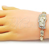 Oro Laminado Fancy Bracelet, Gold Filled Style San Judas and Hugs and Kisses Design, with White Cubic Zirconia, Polished, Golden Finish, 03.411.0004.08