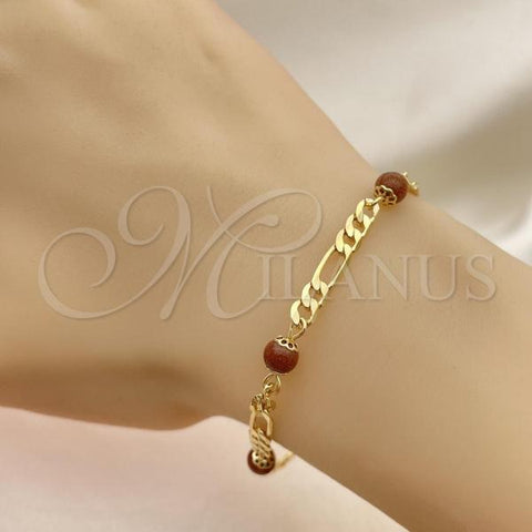 Oro Laminado Fancy Bracelet, Gold Filled Style Ball and Figaro Design, with Brown Micro Pave, Polished, Golden Finish, 03.32.0578.07