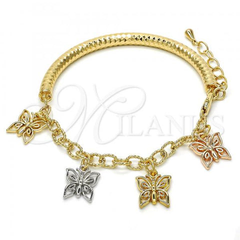 Oro Laminado Charm Bracelet, Gold Filled Style Butterfly and Hollow Design, Diamond Cutting Finish, Tricolor, 03.63.1816.1.08