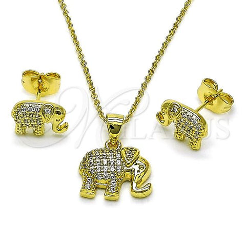 Oro Laminado Earring and Pendant Adult Set, Gold Filled Style Elephant Design, with White Micro Pave, Polished, Golden Finish, 10.156.0504