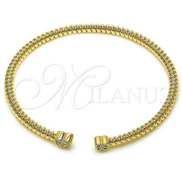 Oro Laminado Individual Bangle, Gold Filled Style Heart Design, with White Micro Pave, Polished, Golden Finish, 07.60.0007