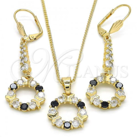 Oro Laminado Earring and Pendant Adult Set, Gold Filled Style Butterfly Design, with Black and White Cubic Zirconia, Polished, Golden Finish, 10.210.0090.2