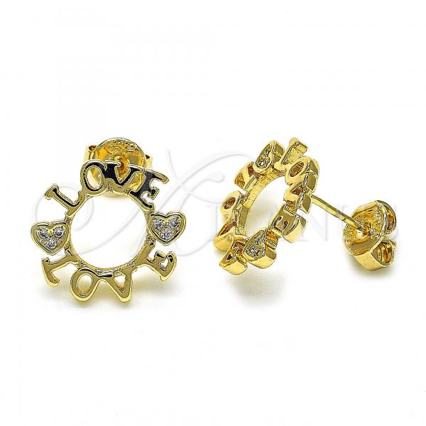 Oro Laminado Stud Earring, Gold Filled Style Love and Heart Design, with White Micro Pave, Polished, Golden Finish, 02.94.0087