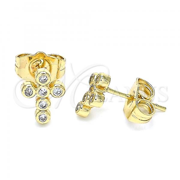 Oro Laminado Stud Earring, Gold Filled Style Cross Design, with White Micro Pave, Polished, Golden Finish, 02.210.0468