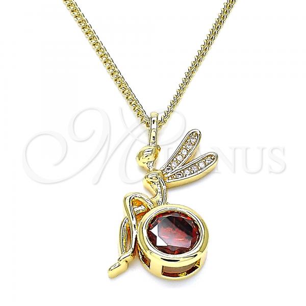 Oro Laminado Pendant Necklace, Gold Filled Style Angel Design, with Garnet Cubic Zirconia and White Micro Pave, Polished, Golden Finish, 04.156.0450.20