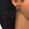 Oro Laminado Stud Earring, Gold Filled Style Flower Design, with Garnet and White Crystal, Polished, Golden Finish, 02.64.0639.2