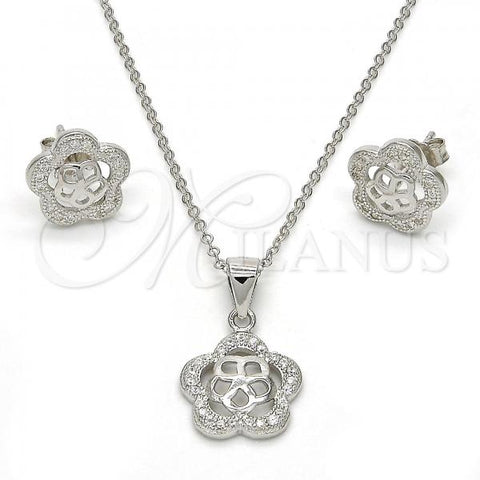 Sterling Silver Earring and Pendant Adult Set, Flower Design, with White Micro Pave, Polished, Rhodium Finish, 10.174.0212