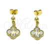 Oro Laminado Dangle Earring, Gold Filled Style Four-leaf Clover and Ball Design, Diamond Cutting Finish, Golden Finish, 02.414.0012