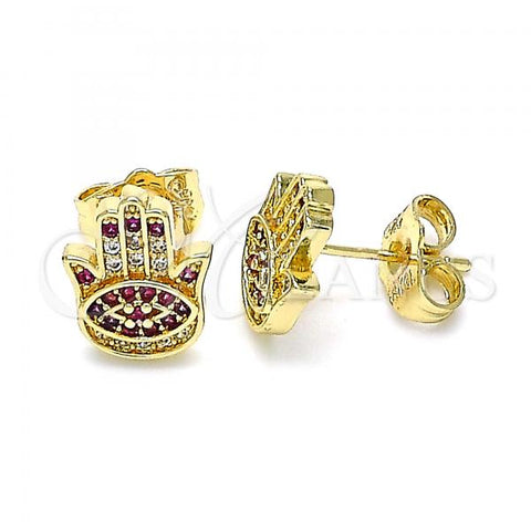 Oro Laminado Stud Earring, Gold Filled Style Hand of God Design, with Ruby and White Micro Pave, Polished, Golden Finish, 02.156.0577