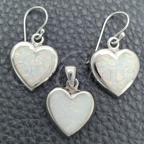 Sterling Silver Earring and Pendant Adult Set, Heart Design, with White Opal, Polished, Silver Finish, 10.391.0014.1