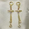 Oro Laminado Long Earring, Gold Filled Style Rolo and Cross Design, with Multicolor and White Cubic Zirconia, Polished, Golden Finish, 02.316.0087