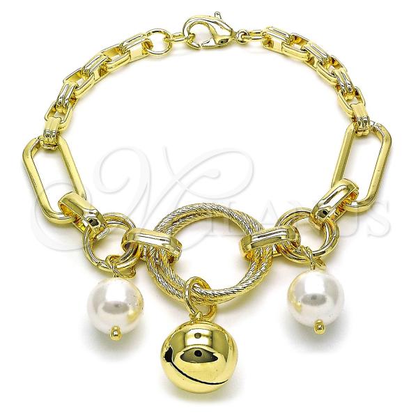 Oro Laminado Charm Bracelet, Gold Filled Style Rolo and Ball Design, with Ivory Pearl, Diamond Cutting Finish, Golden Finish, 03.331.0265.09