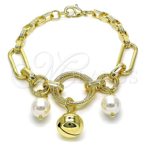 Oro Laminado Charm Bracelet, Gold Filled Style Rolo and Ball Design, with Ivory Pearl, Diamond Cutting Finish, Golden Finish, 03.331.0265.09
