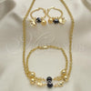 Oro Laminado Necklace, Bracelet and Earring, Gold Filled Style Elephant and Evil Eye Design, Black Resin Finish, Golden Finish, 06.63.0225