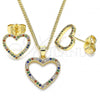 Oro Laminado Earring and Pendant Adult Set, Gold Filled Style Heart Design, with Multicolor Micro Pave, Polished, Golden Finish, 10.94.0004.2