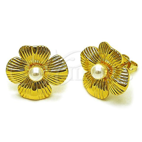 Oro Laminado Stud Earring, Gold Filled Style Flower and Ball Design, with Ivory Pearl, Diamond Cutting Finish, Golden Finish, 02.282.0053