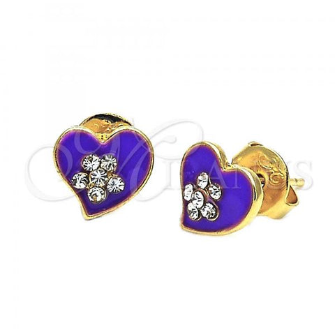 Oro Laminado Stud Earring, Gold Filled Style Heart and Flower Design, with White Crystal, Purple Enamel Finish, Golden Finish, 02.64.0277 *PROMO*