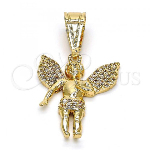 Oro Laminado Religious Pendant, Gold Filled Style Angel Design, with White Micro Pave, Polished, Golden Finish, 05.120.0040