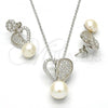 Sterling Silver Earring and Pendant Adult Set, Heart and Ball Design, with White Micro Pave and Ivory Pearl, Polished, Rhodium Finish, 10.175.0033