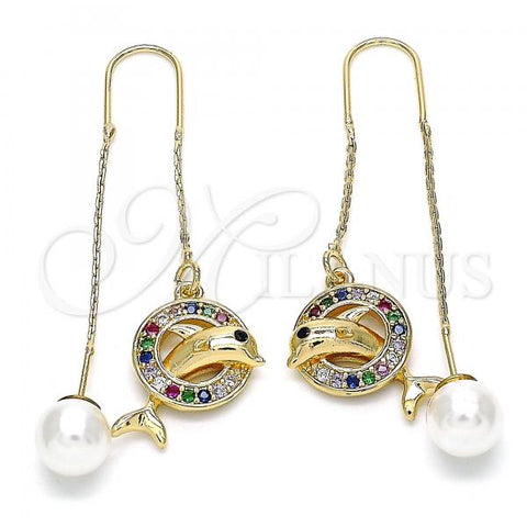 Oro Laminado Threader Earring, Gold Filled Style Dolphin Design, with Multicolor Micro Pave, Polished, Golden Finish, 02.210.0364.1