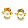 Oro Laminado Stud Earring, Gold Filled Style Flower Design, with Ivory Pearl, Polished, Golden Finish, 02.342.0220
