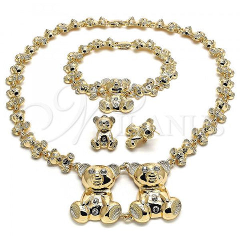 Oro Laminado Necklace, Bracelet and Earring, Gold Filled Style Teddy Bear and Hugs and Kisses Design, with White Crystal, Polished, Golden Finish, 06.372.0013