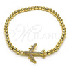 Oro Laminado Fancy Bracelet, Gold Filled Style Expandable Bead and Airplane Design, with White Micro Pave, Polished, Golden Finish, 03.299.0056.1.07