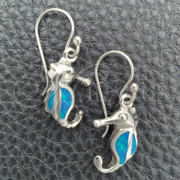 Sterling Silver Dangle Earring, Seahorse Design, with Bermuda Blue Opal, Polished, Silver Finish, 02.391.0003