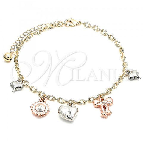 Oro Laminado Charm Anklet , Gold Filled Style Heart and Sun Design, Polished, Tricolor, 03.331.0065.10