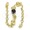 Oro Laminado Fancy Bracelet, Gold Filled Style Heart and Evil Eye Design, Black Resin Finish, Golden Finish, 03.63.1902.08