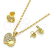 Oro Laminado Earring and Pendant Adult Set, Gold Filled Style Heart Design, with White Micro Pave, Polished, Golden Finish, 10.199.0019