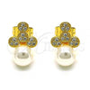 Oro Laminado Stud Earring, Gold Filled Style with White Micro Pave and Ivory Pearl, Polished, Golden Finish, 02.344.0135