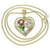 Oro Laminado Pendant Necklace, Gold Filled Style Heart and Flower Design, with White Crystal, Polished, Tricolor, 04.351.0018.2.20