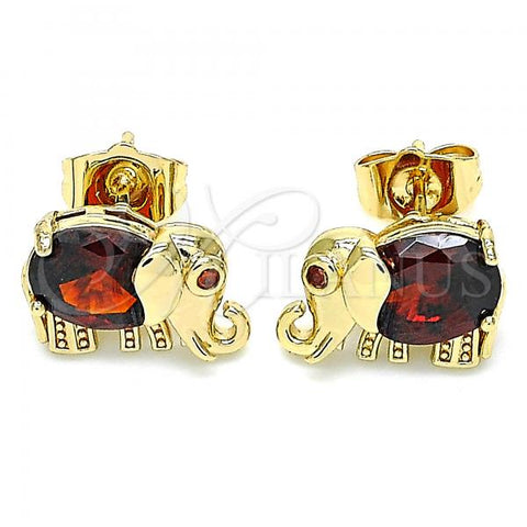 Oro Laminado Stud Earring, Gold Filled Style Elephant Design, with Garnet Cubic Zirconia and Garnet Micro Pave, Polished, Golden Finish, 02.210.0371.1