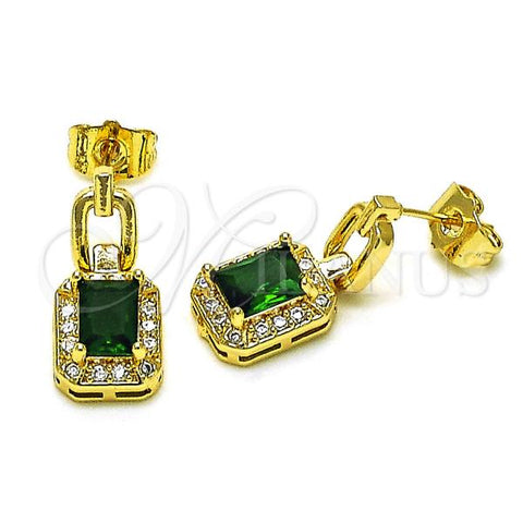 Oro Laminado Dangle Earring, Gold Filled Style with Green Cubic Zirconia and White Micro Pave, Polished, Golden Finish, 02.283.0071.1