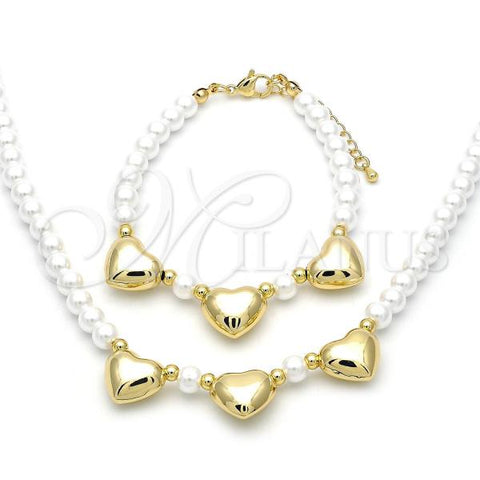 Oro Laminado Necklace and Bracelet, Gold Filled Style Heart and Ball Design, with Ivory Pearl, Polished, Golden Finish, 06.341.0012