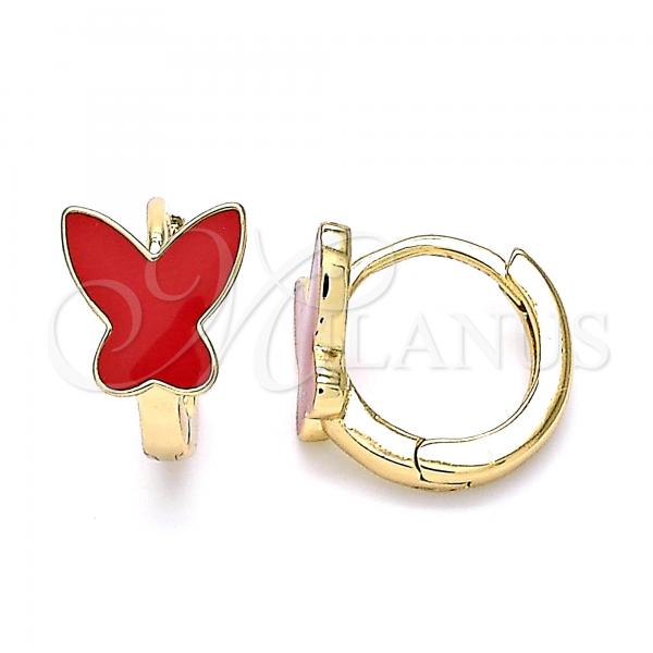 Oro Laminado Huggie Hoop, Gold Filled Style Butterfly Design, Red Enamel Finish, Golden Finish, 02.213.0181.1.12