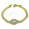 Oro Laminado Fancy Bracelet, Gold Filled Style Curb Design, with White Micro Pave and White Cubic Zirconia, Polished, Golden Finish, 03.403.0003.07