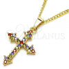 Oro Laminado Pendant Necklace, Gold Filled Style Cross Design, with Multicolor Cubic Zirconia, Polished, Golden Finish, 04.284.0010.3.22