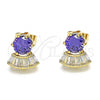 Oro Laminado Stud Earring, Gold Filled Style with Amethyst and White Cubic Zirconia, Polished, Golden Finish, 02.346.0008.1