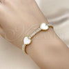 Oro Laminado Fancy Bracelet, Gold Filled Style Heart and Baguette Design, with White Cubic Zirconia and Ivory Mother of Pearl, Polished, Golden Finish, 03.283.0414.07