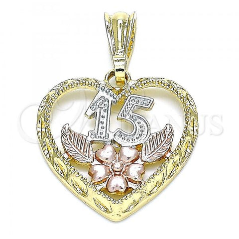 Oro Laminado Fancy Pendant, Gold Filled Style Heart and Flower Design, Polished, Tricolor, 05.351.0110