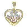 Oro Laminado Fancy Pendant, Gold Filled Style Heart and Flower Design, Polished, Tricolor, 05.351.0110