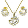 Oro Laminado Earring and Pendant Adult Set, Gold Filled Style Heart Design, with White Cubic Zirconia, Polished, Golden Finish, 10.210.0070.8