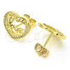 Oro Laminado Stud Earring, Gold Filled Style Heart and Love Design, with White Micro Pave, Polished, Golden Finish, 02.156.0398