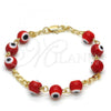 Oro Laminado Fancy Bracelet, Gold Filled Style Evil Eye Design, with Garnet Opal, Red Resin Finish, Golden Finish, 03.63.2069.07