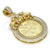Oro Laminado Religious Pendant, Gold Filled Style Greek Key and Centenario Coin Design, with White and Ruby Cubic Zirconia, Polished, Golden Finish, 05.26.0043