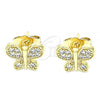 Oro Laminado Stud Earring, Gold Filled Style Butterfly Design, with White Micro Pave, Polished, Golden Finish, 02.210.0464